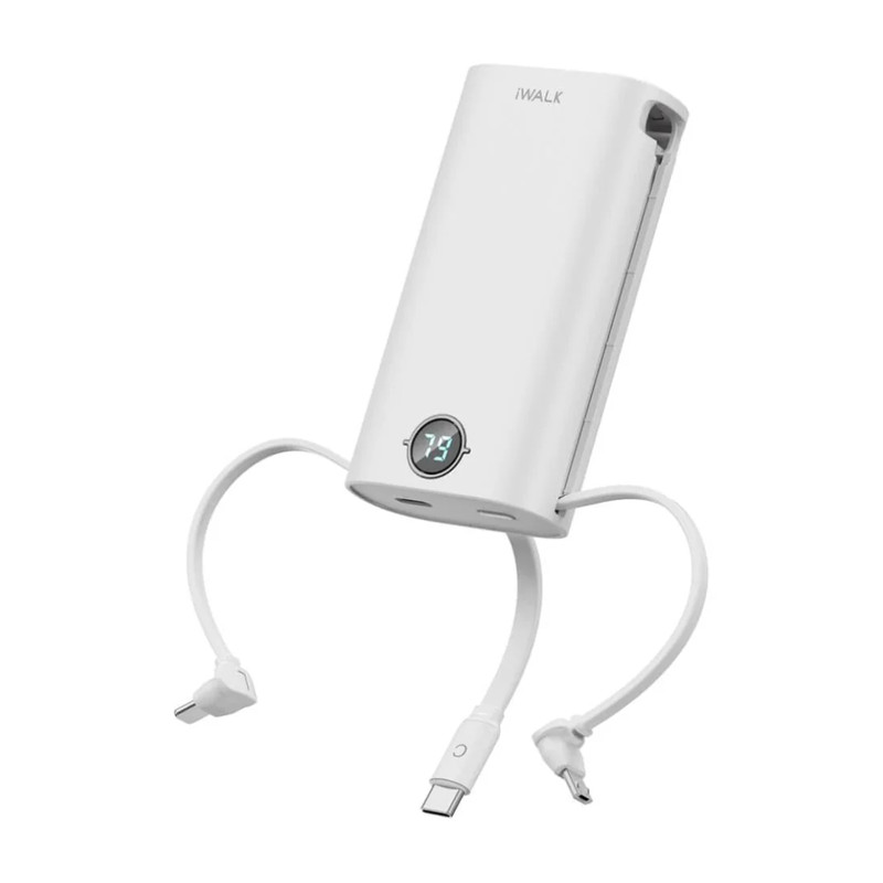 iWalk PowerSquid 9000mAh USB C Power Bank with Built-in 3 Cables and LED Display - White - مزود طاقة